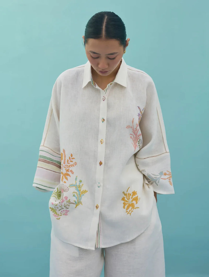 Iva Block Printed Floral Embroidered Shirt - Ivory linen top/shirt by Manan in ivory for women Worldwide