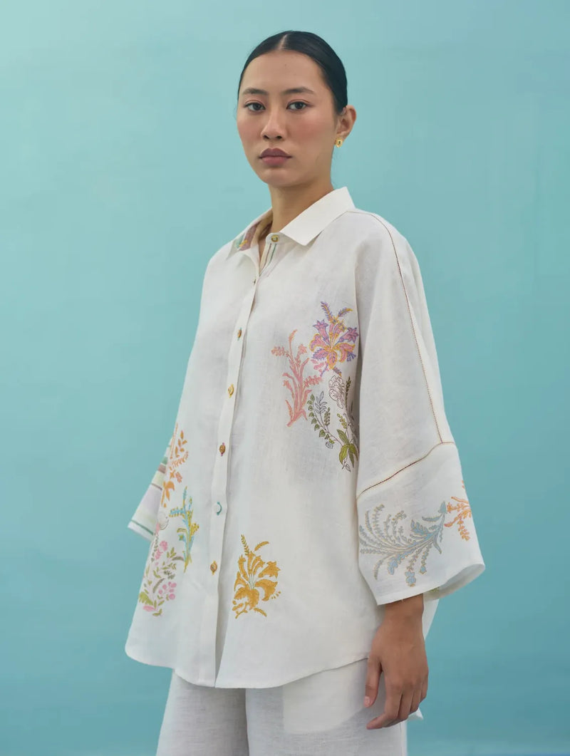 Iva Block Printed Floral Embroidered Shirt - Ivory linen top/shirt by Manan in ivory for women Worldwide