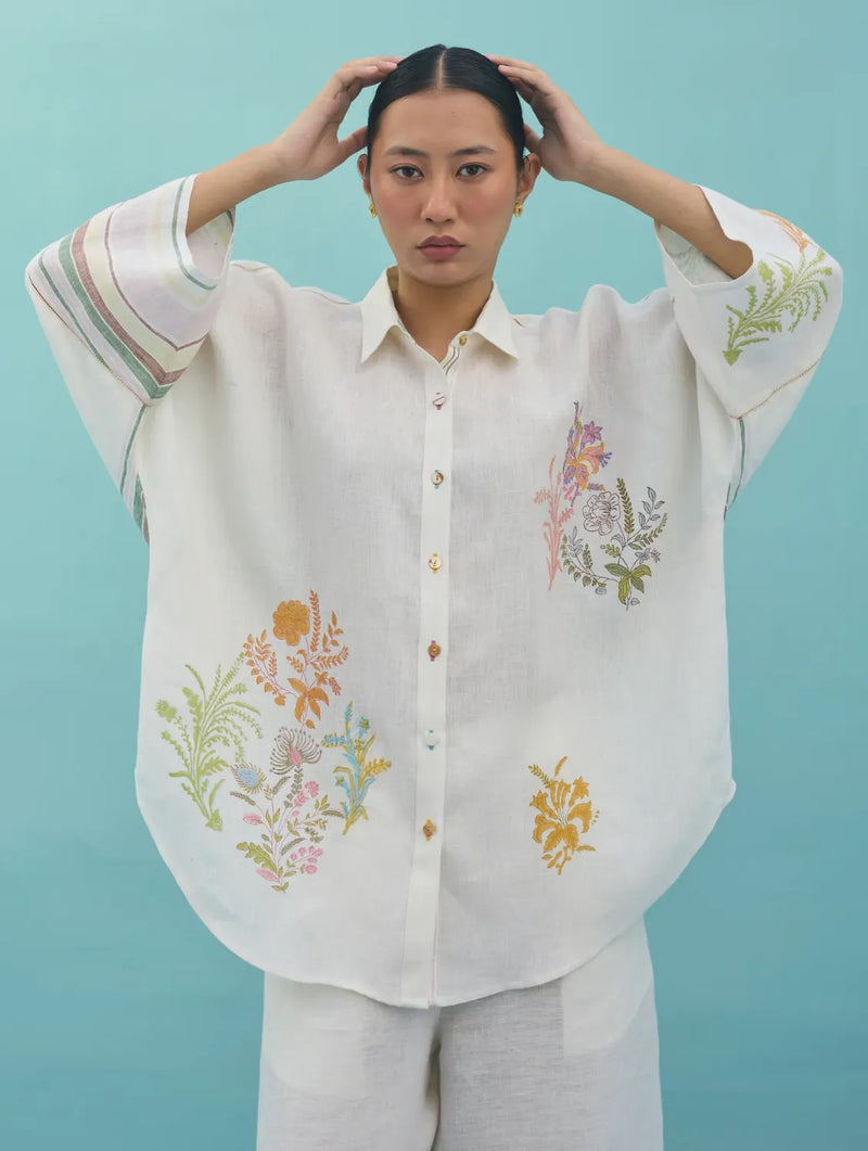 Iva Block Printed Floral Embroidered Shirt - Ivory linen top/shirt by Manan in ivory for women Worldwide