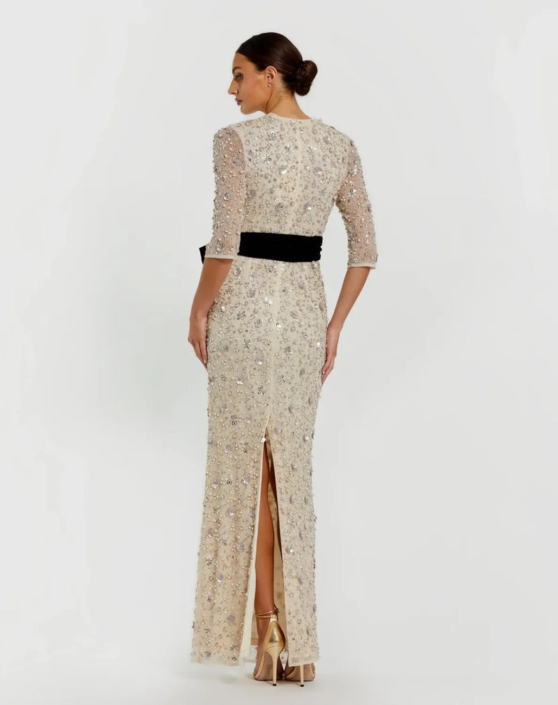 Ivory Embellished Evening Gown with Velvet Bow by Mac Duggal in white color for women Worldwide