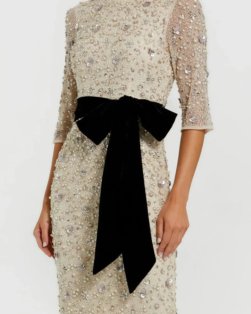 Ivory Embellished Evening Gown with Velvet Bow by Mac Duggal in white color for women Worldwide