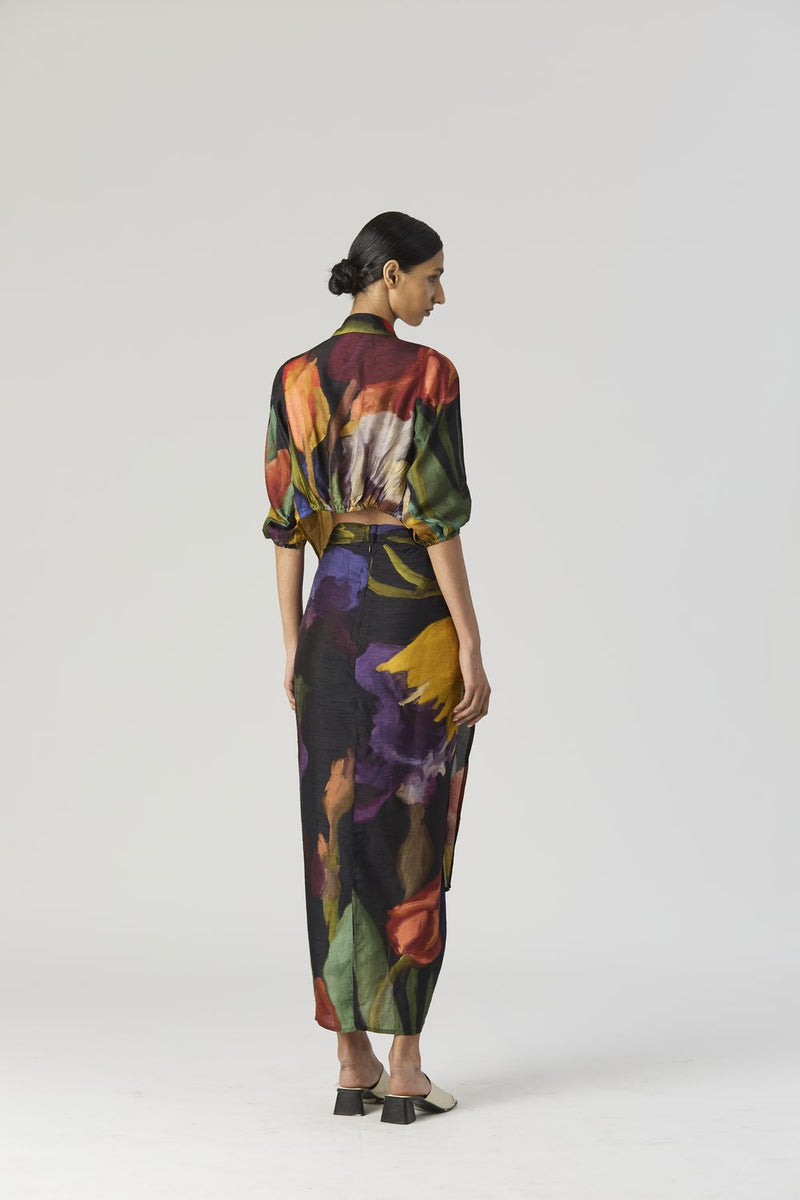 IVY TIE UP TOP AND SKIRT SET silk by Yam in black color for women Worldwide