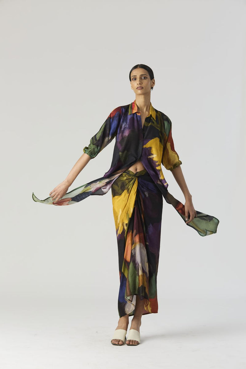 IVY TIE UP TOP AND SKIRT SET silk by Yam in black color for women Worldwide