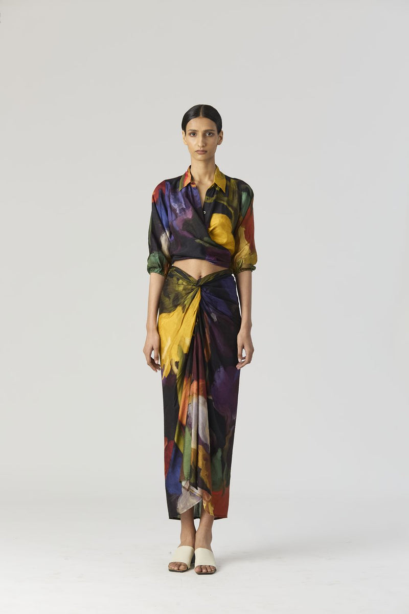 IVY TIE UP TOP AND SKIRT SET silk by Yam in black color for women Worldwide