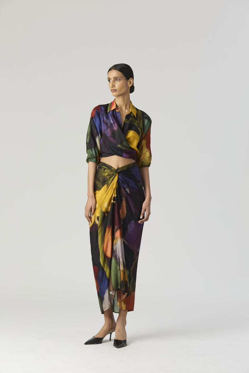 IVY TIE UP TOP AND SKIRT SET silk by Yam in black color for women Worldwide