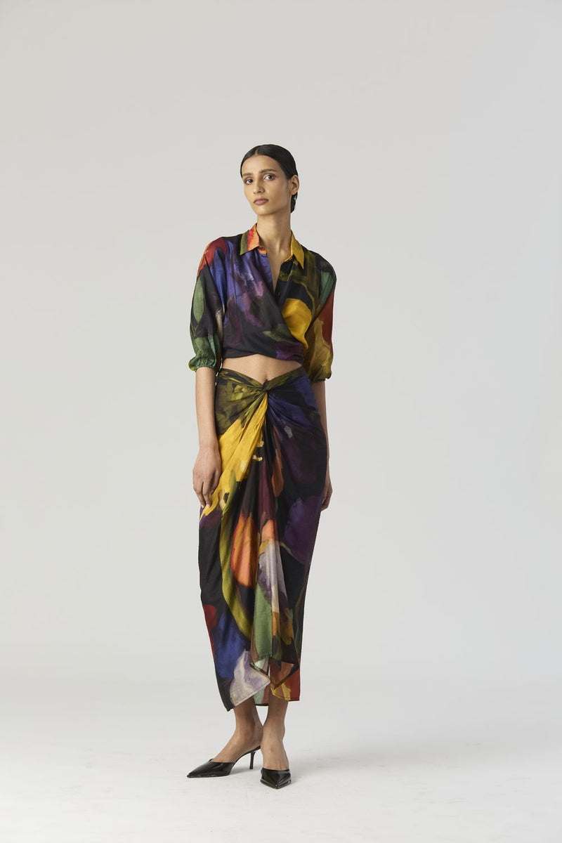 IVY TIE UP TOP AND SKIRT SET silk by Yam in black color for women Worldwide