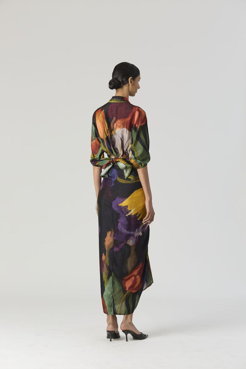 IVY TIE UP TOP AND SKIRT SET silk by Yam in black color for women Worldwide