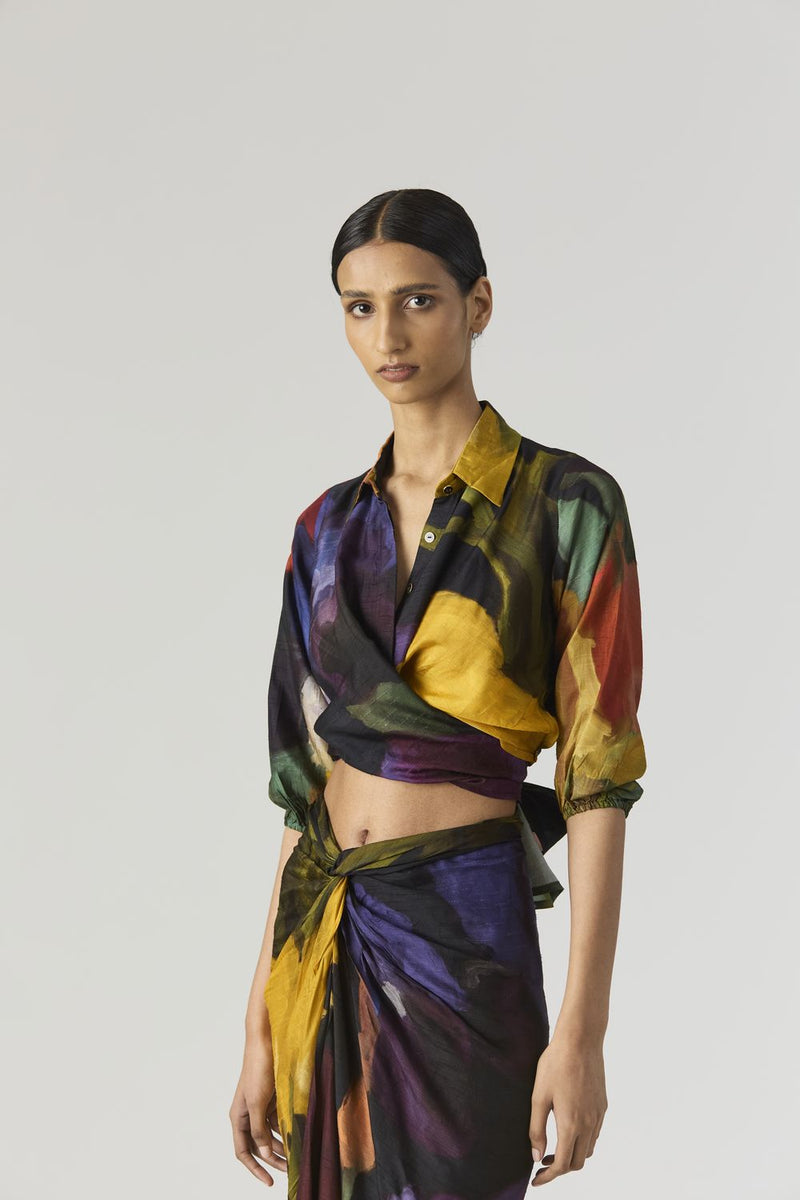 IVY TIE UP TOP AND SKIRT SET silk by Yam in black color for women Worldwide