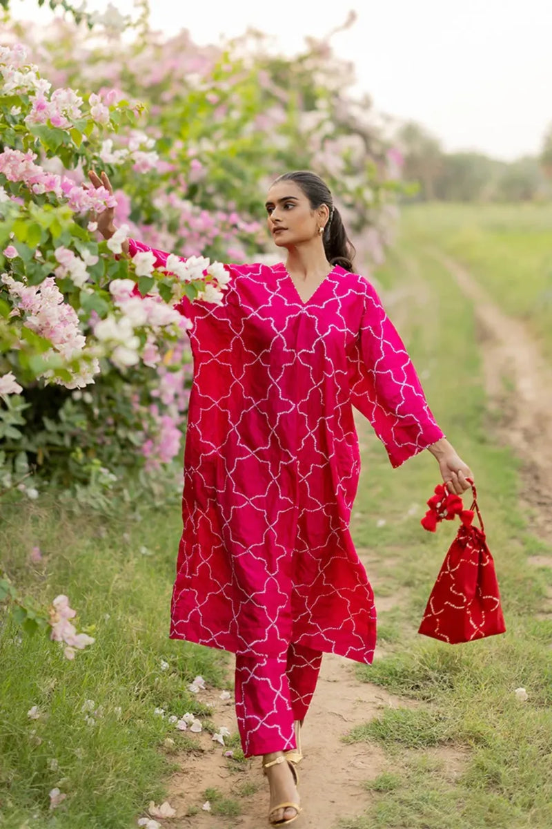 JAALI V2 KURTA SET-PINK silk by Dyelogue in pink color for women Worldwide