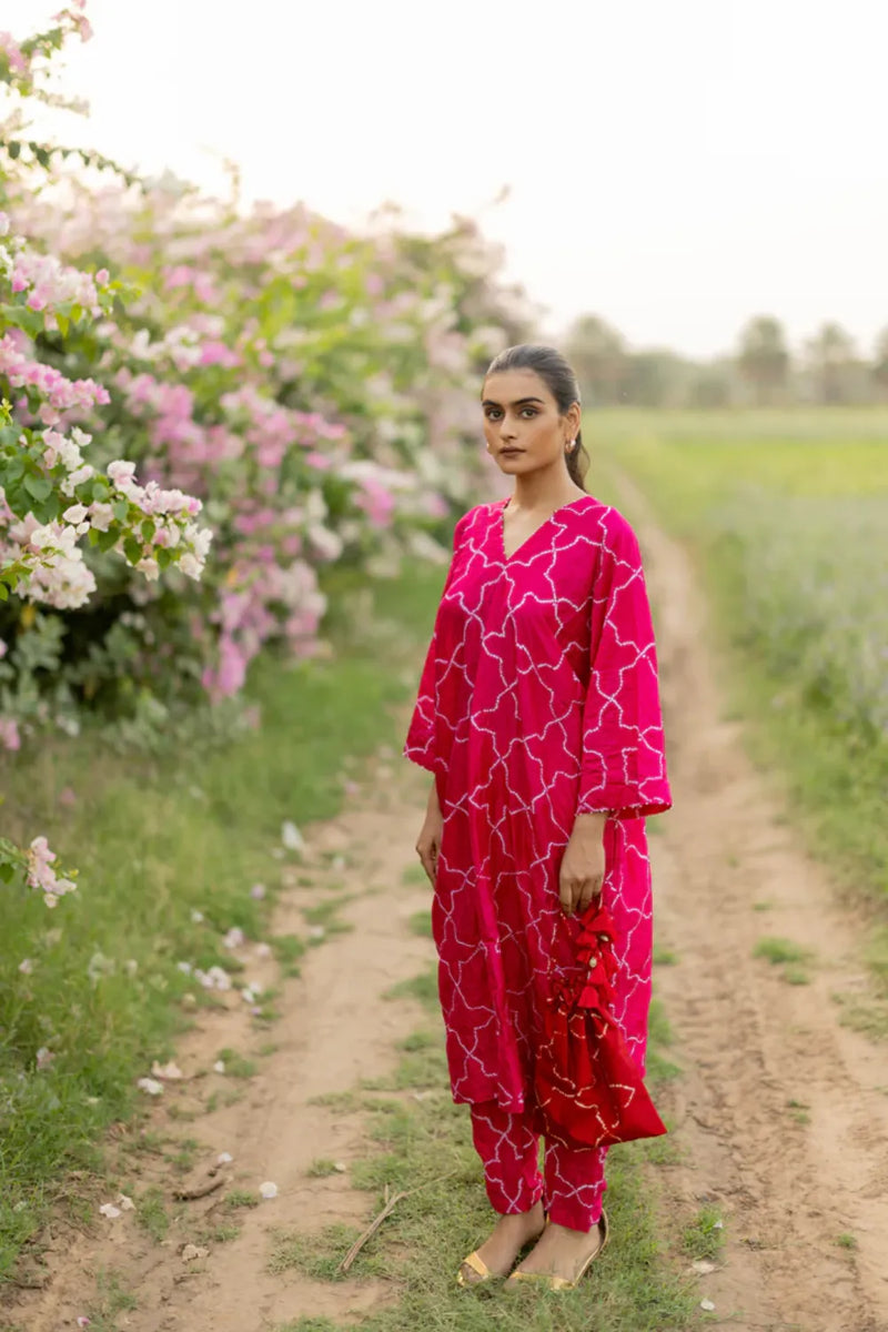 JAALI V2 KURTA SET-PINK silk by Dyelogue in pink color for women Worldwide