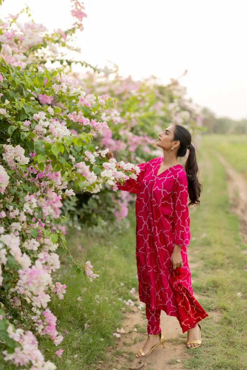 JAALI V2 KURTA SET-PINK silk by Dyelogue in pink color for women Worldwide