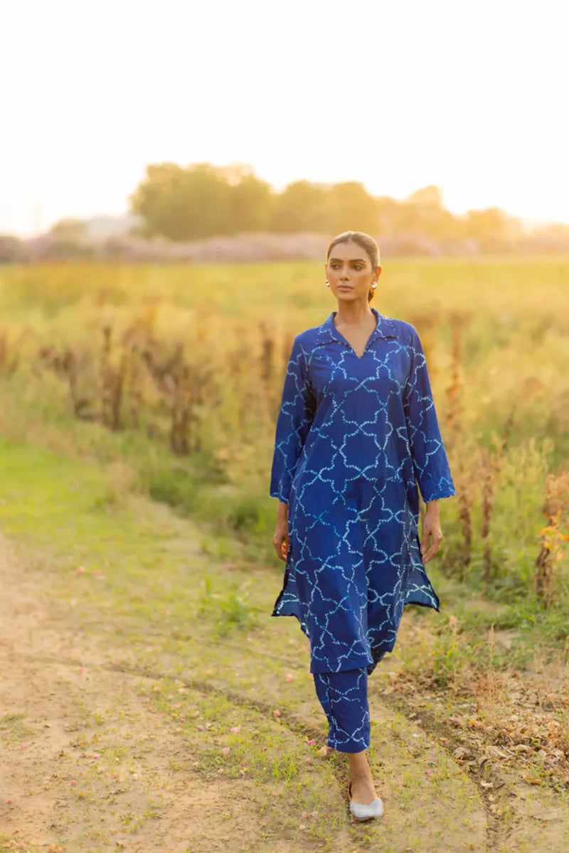 JAALI V KURTA SET-INDIGO silk by Dyelogue for women Worldwide