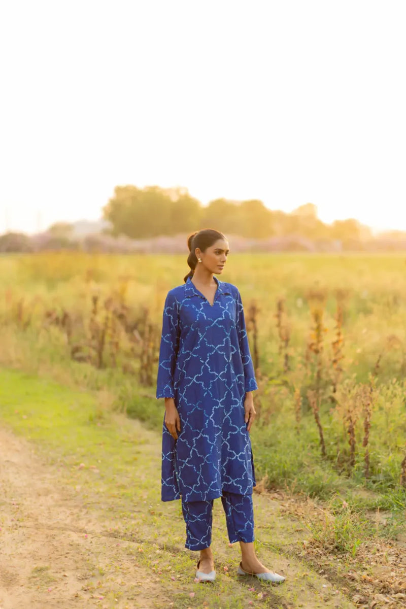 JAALI V KURTA SET-INDIGO silk by Dyelogue for women Worldwide