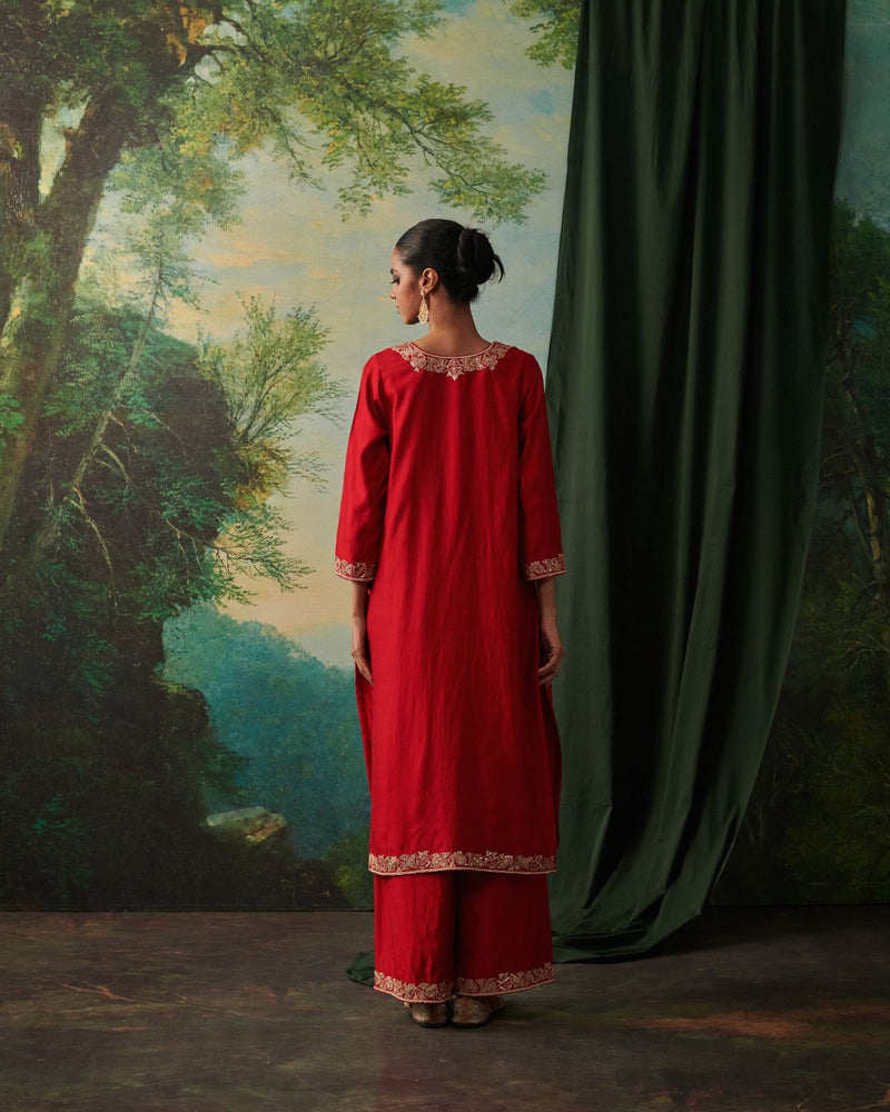 JAZABAH & SAIYAN KURTA & PANT chiffon by Rashika Mittal in red color for women Worldwide
