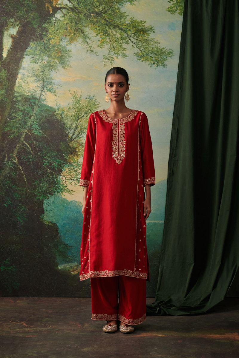 JAZABAH & SAIYAN KURTA & PANT chiffon by Rashika Mittal in red color for women Worldwide