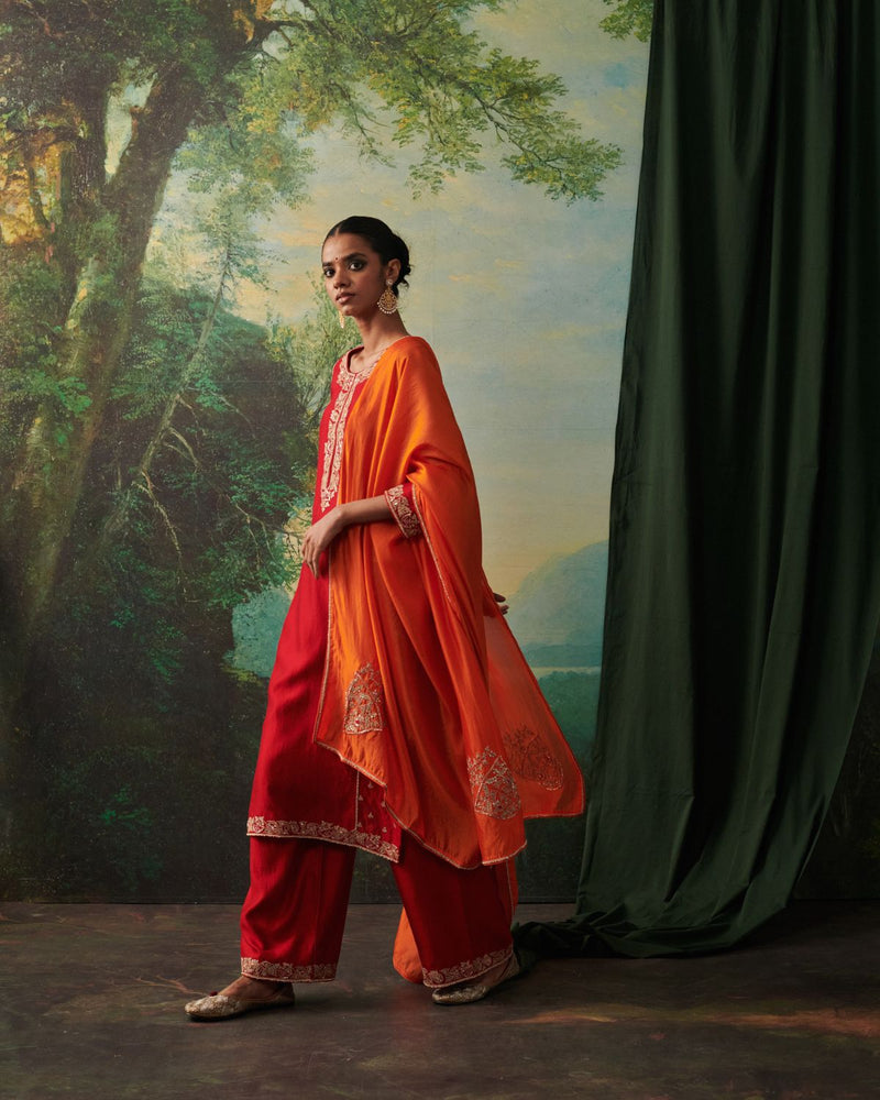 JAZABAH & SAIYAN KURTA & PANT chiffon by Rashika Mittal in red color for women Worldwide
