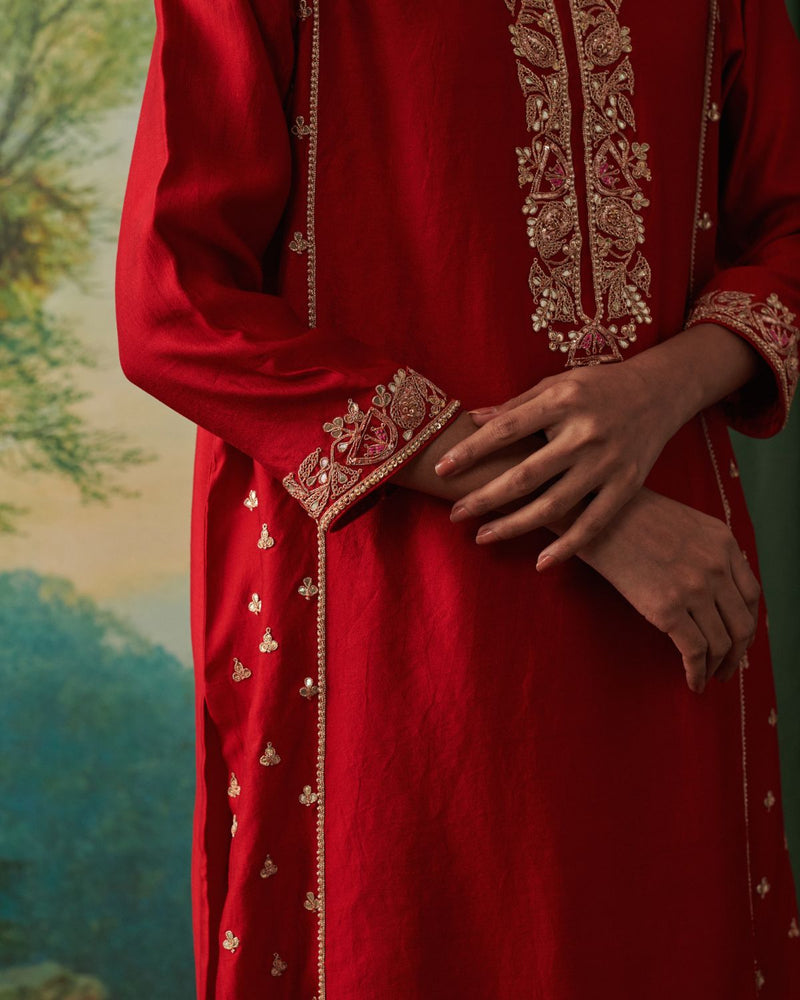 JAZABAH & SAIYAN KURTA & PANT chiffon by Rashika Mittal in red color for women Worldwide