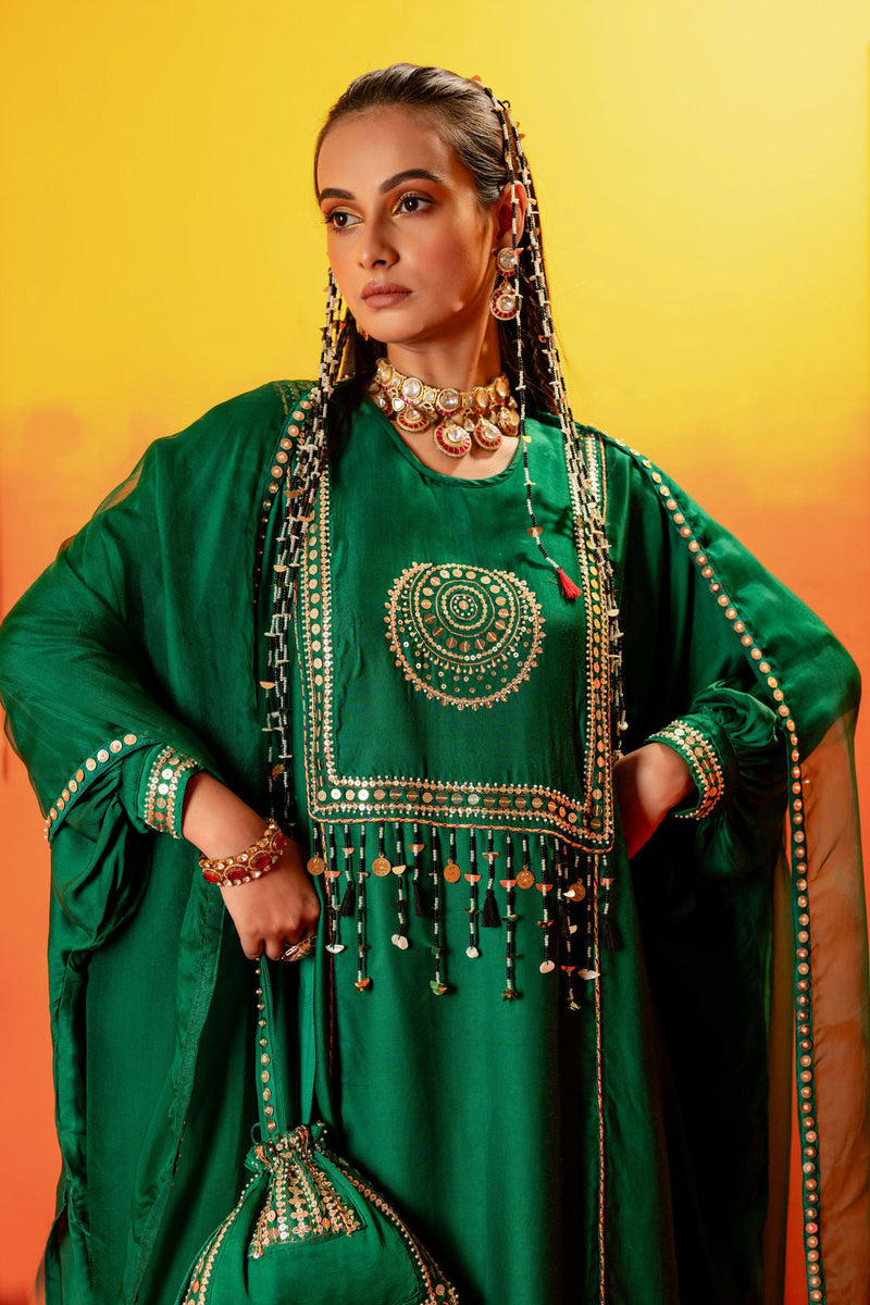 Vani Green AntiFit Kurta with Pant and Dupatta satin by PRAHNAAYA in green color for women Worldwide