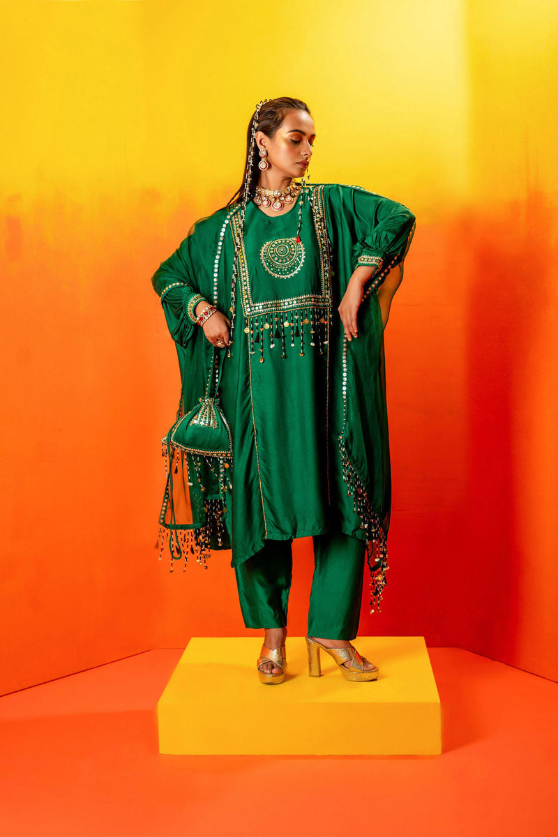 Vani Green AntiFit Kurta with Pant and Dupatta satin by PRAHNAAYA in green color for women Worldwide