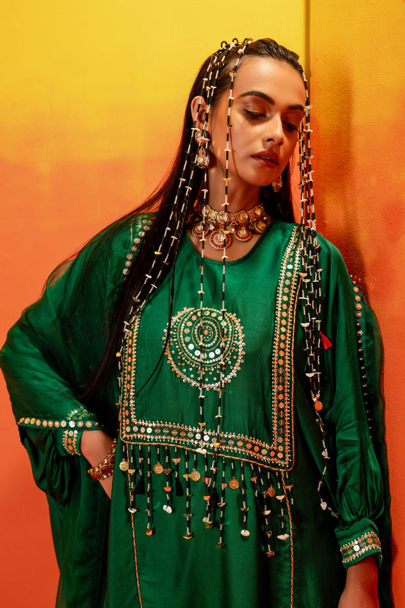 Vani Green AntiFit Kurta with Pant and Dupatta satin by PRAHNAAYA in green color for women Worldwide