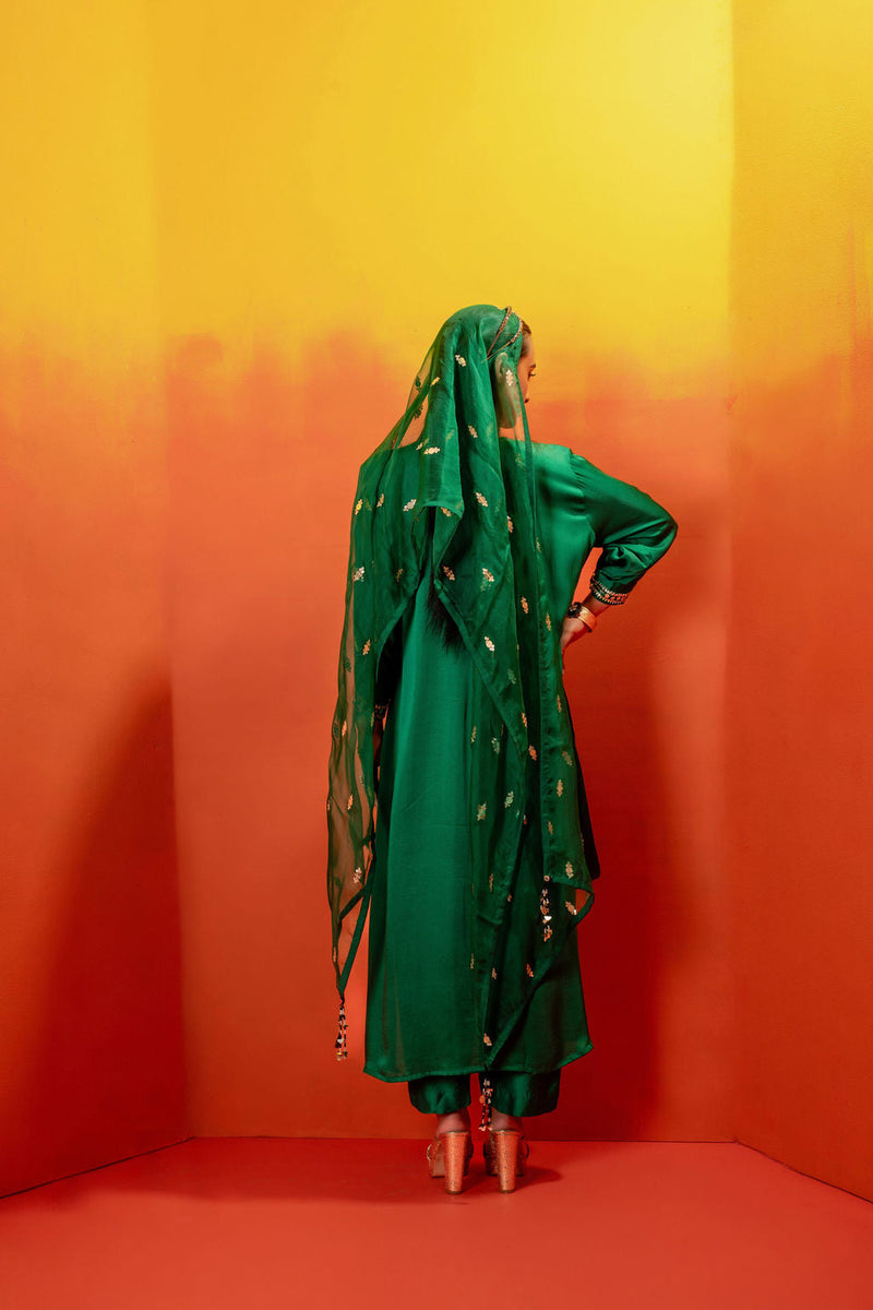 Vani Green Straight Kurta Set with Coord Dupatta satin by PRAHNAAYA in green color for women Worldwide