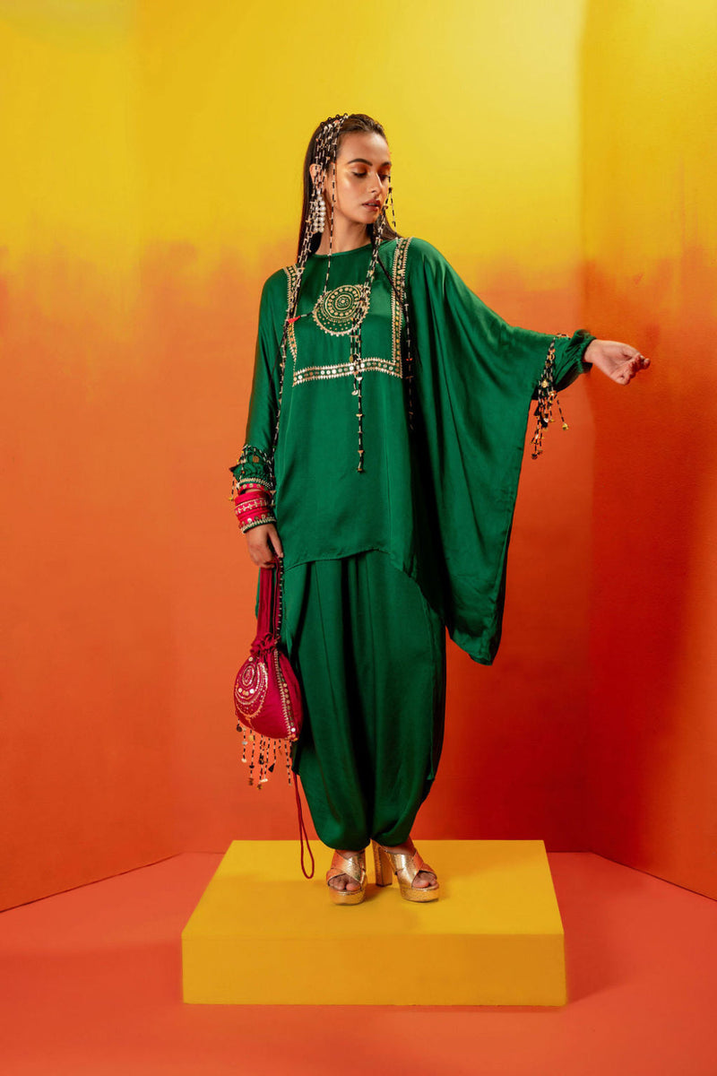 Vani Green Anti Fit Tunic with Skirt satin by PRAHNAAYA in green color for women Worldwide