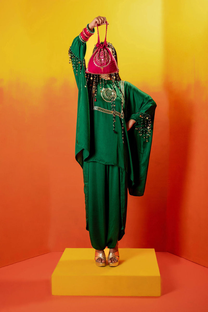 Vani Green Anti Fit Tunic with Skirt satin by PRAHNAAYA in green color for women Worldwide
