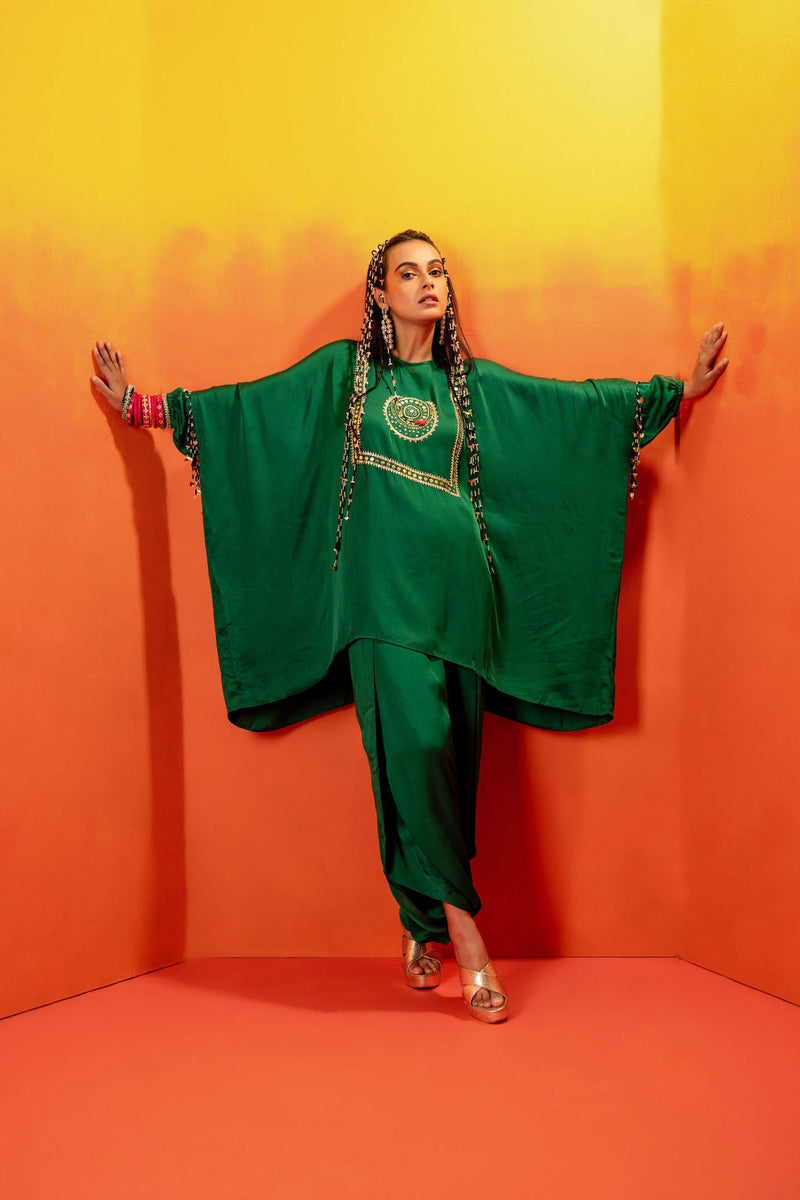 Vani Green Anti Fit Tunic with Skirt satin by PRAHNAAYA in green color for women Worldwide