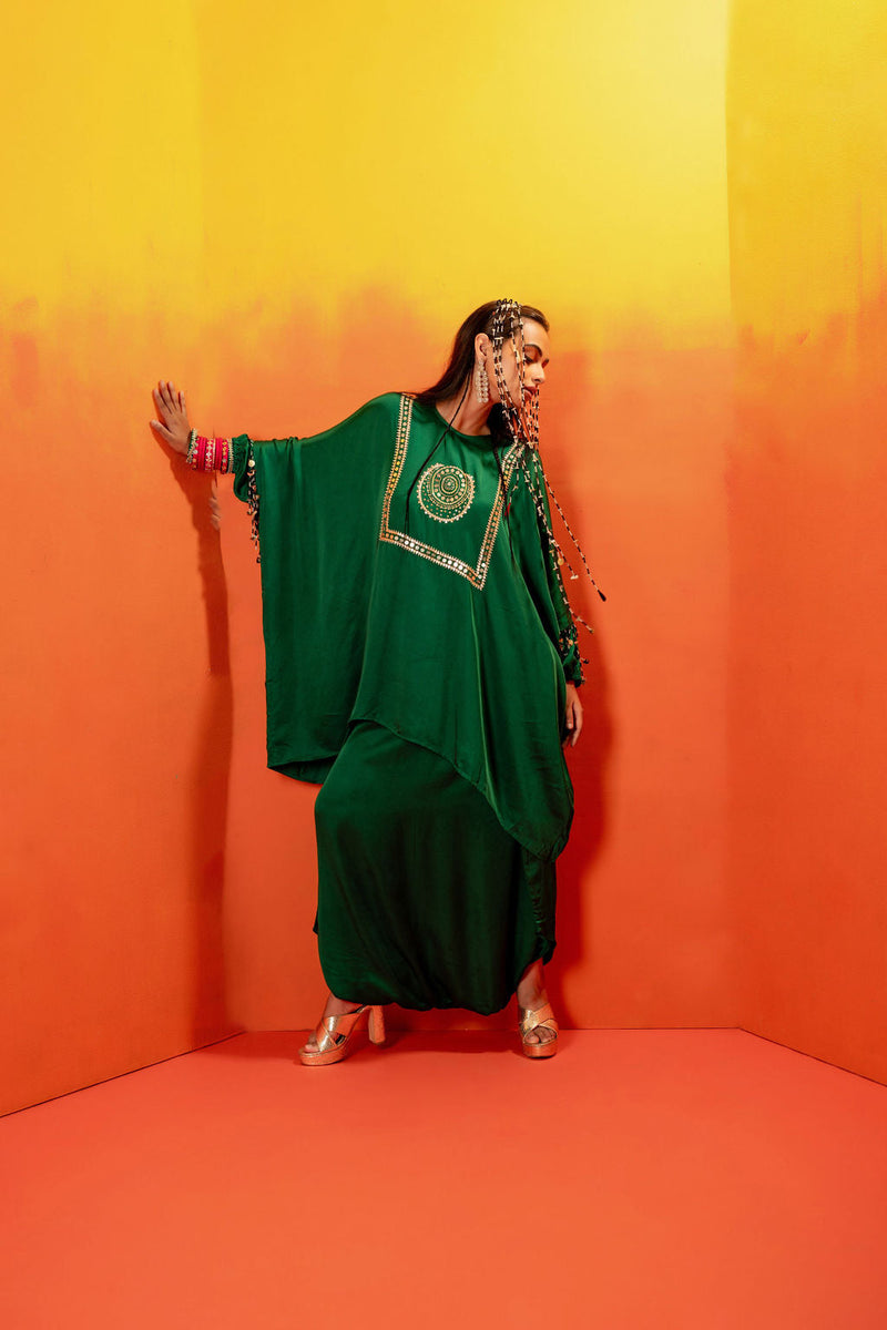 Vani Green Anti Fit Tunic with Skirt satin by PRAHNAAYA in green color for women Worldwide