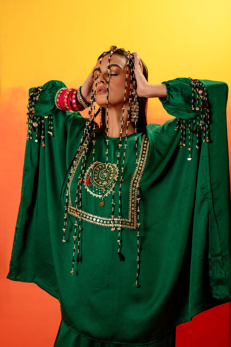 Vani Green Anti Fit Tunic with Skirt satin by PRAHNAAYA in green color for women Worldwide