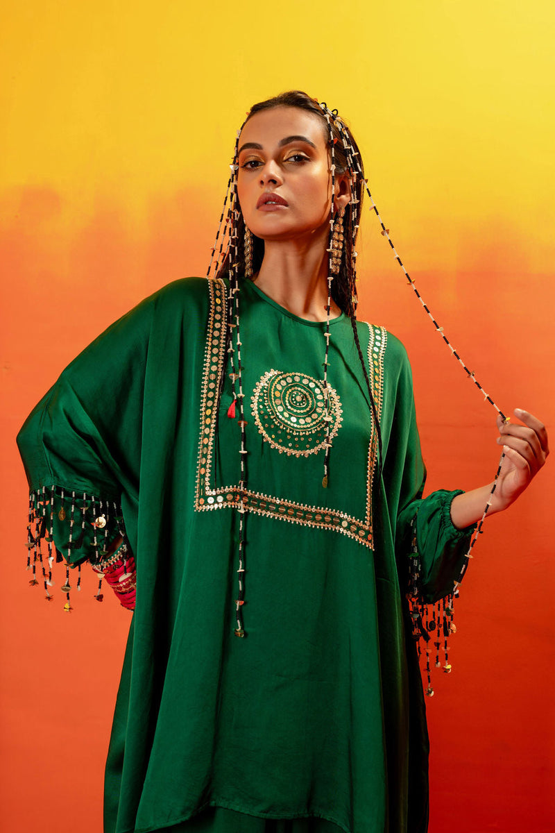 Vani Green Anti Fit Tunic with Skirt satin by PRAHNAAYA in green color for women Worldwide