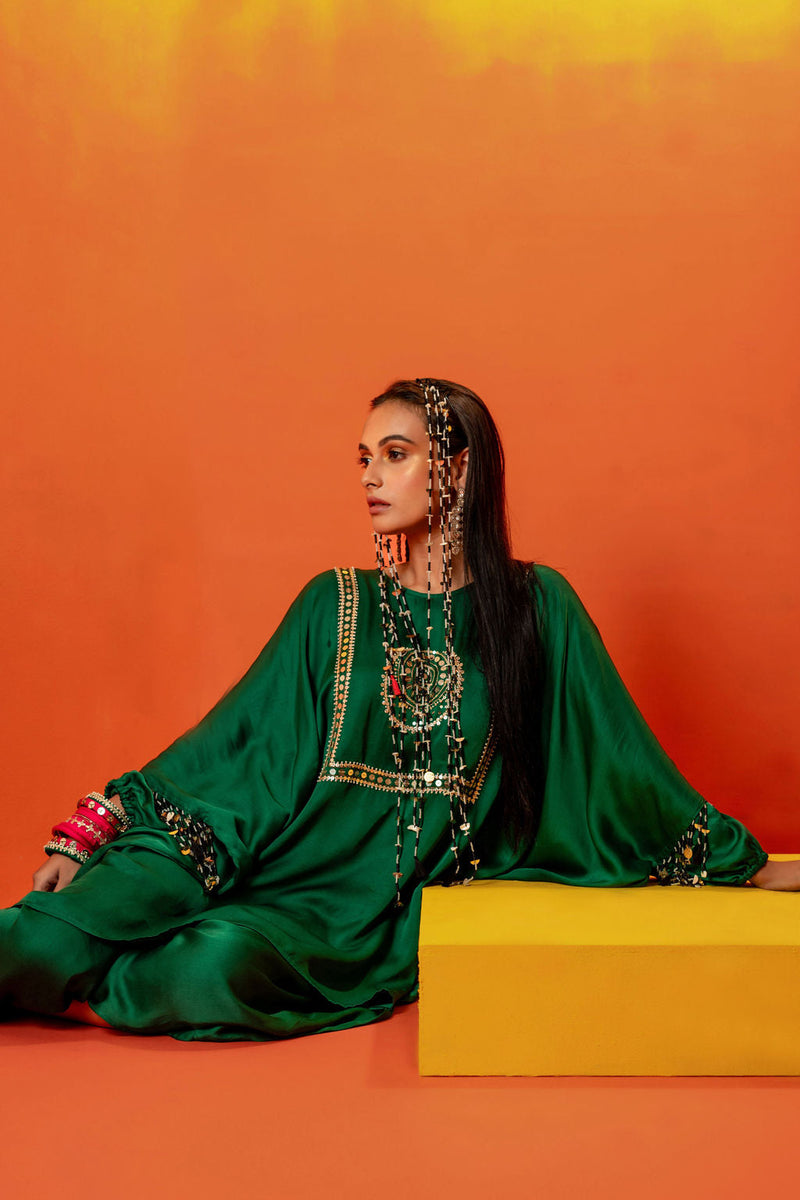 Vani Green Anti Fit Tunic with Skirt satin by PRAHNAAYA in green color for women Worldwide