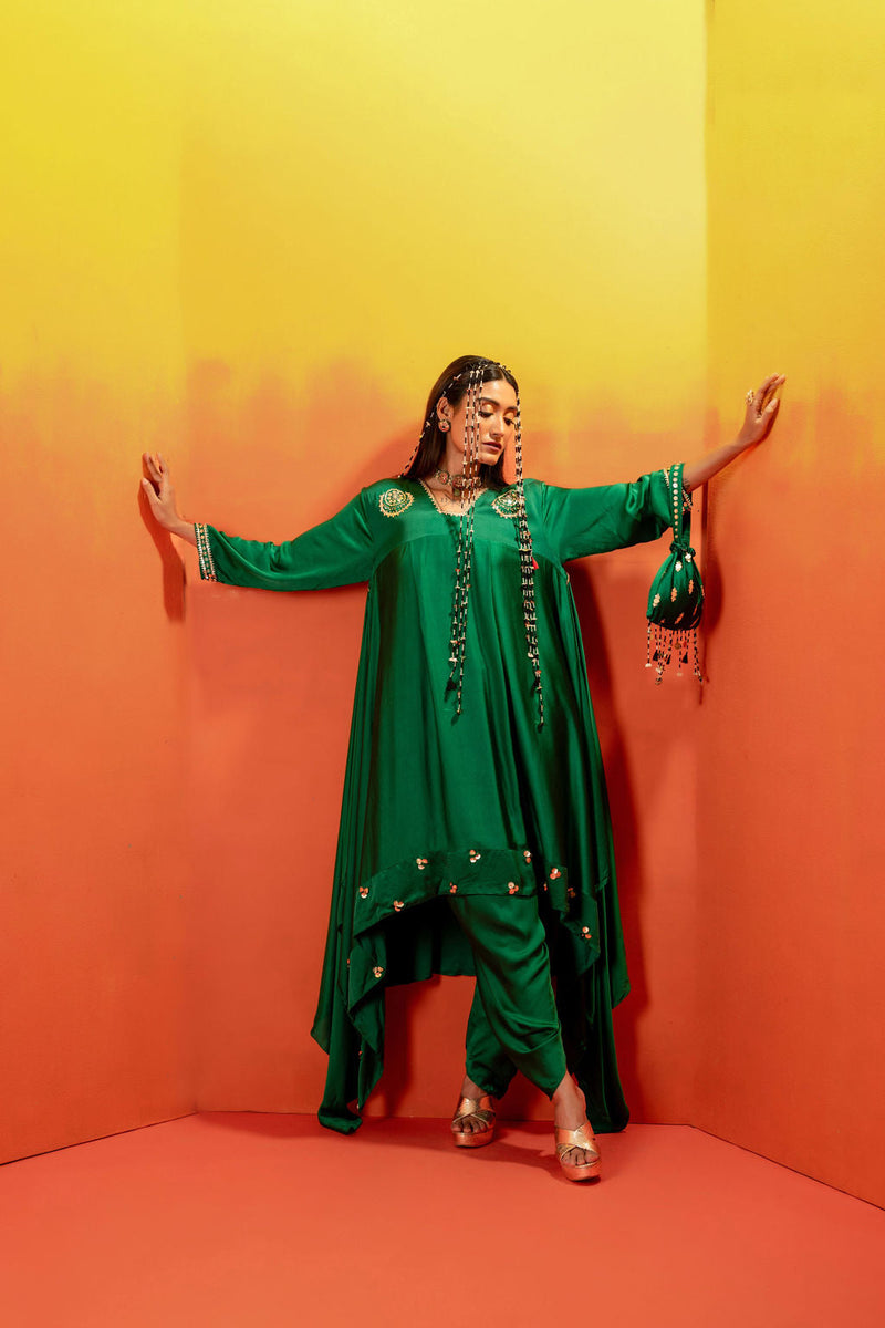Vani Green Asymmetric Kurta Set with coord Dupatta satin by PRAHNAAYA in green color for women Worldwide