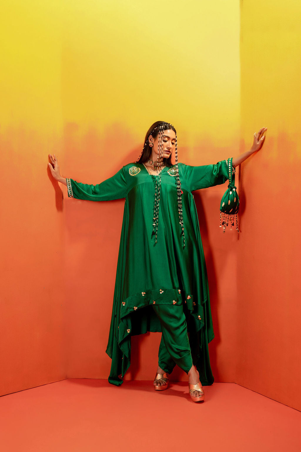 Vani Green Asymmetric Kurta Set with coord Dupatta