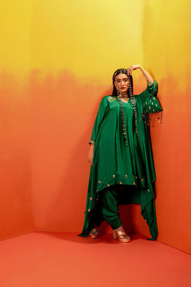 Vani Green Asymmetric Kurta Set with coord Dupatta satin by PRAHNAAYA in green color for women Worldwide