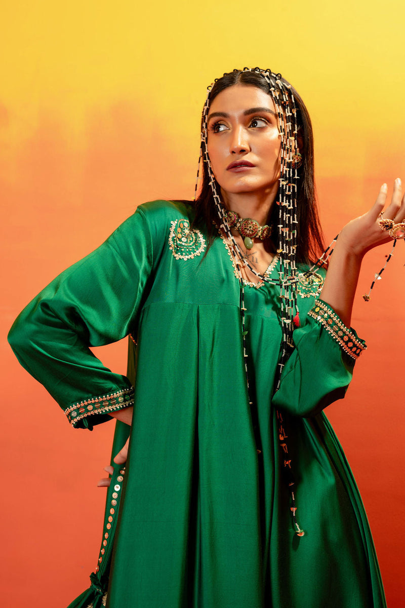 Vani Green Asymmetric Kurta Set with coord Dupatta satin by PRAHNAAYA in green color for women Worldwide