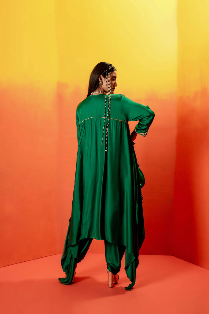 Vani Green Asymmetric Kurta Set with coord Dupatta satin by PRAHNAAYA in green color for women Worldwide