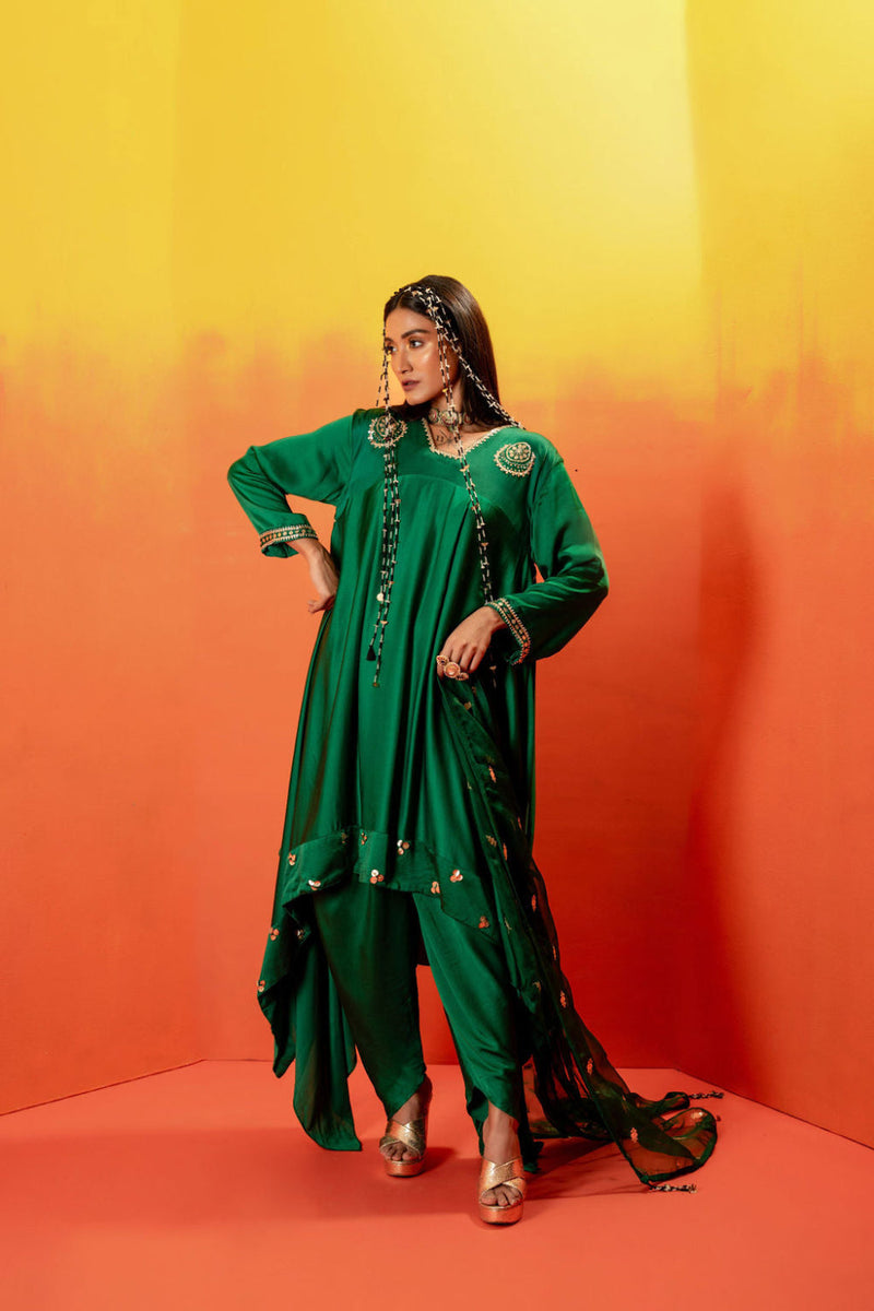 Vani Green Asymmetric Kurta Set with coord Dupatta satin by PRAHNAAYA in green color for women Worldwide