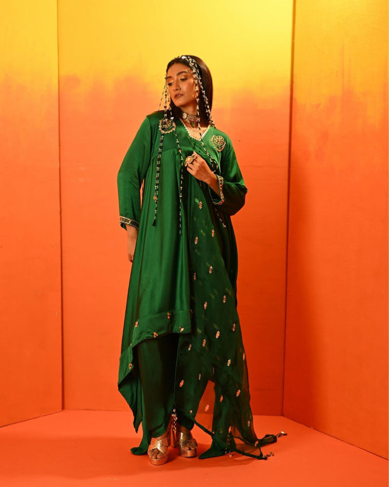 Vani Green Asymmetric Kurta Set with coord Dupatta satin by PRAHNAAYA in green color for women Worldwide