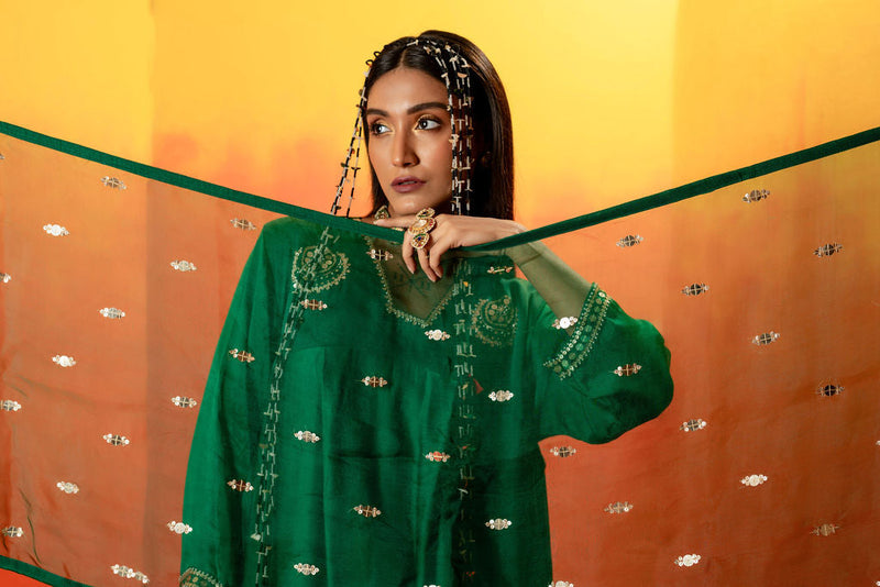 Vani Green Asymmetric Kurta Set with coord Dupatta satin by PRAHNAAYA in green color for women Worldwide