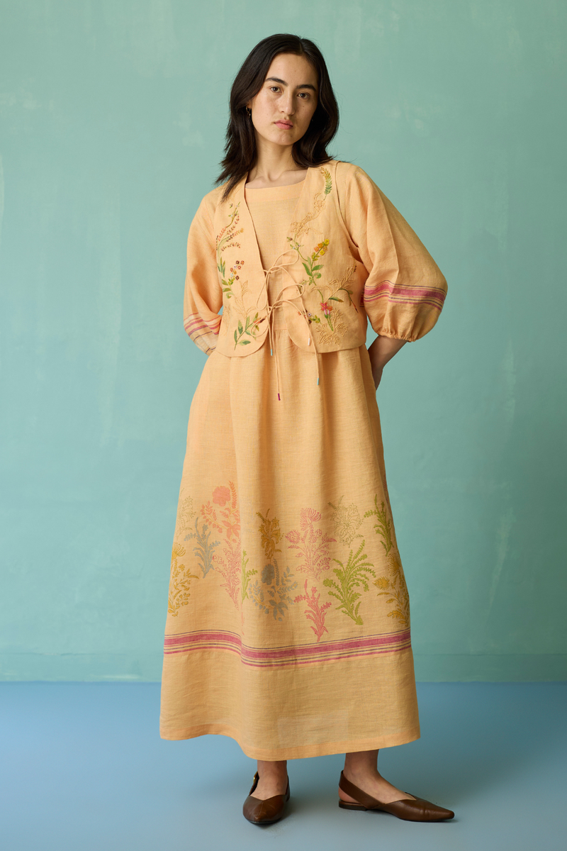 Eon Hand-Embroidered Floral Vest - Apricot linen jacket/overlay by Manan in apricot for women Worldwide