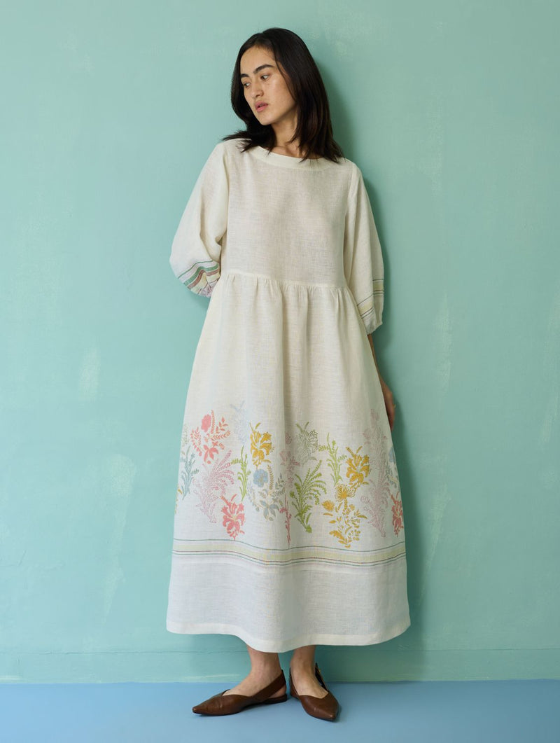 Eon Hand-Embroidered Floral Vest - Ivory linen jacket/overlay by Manan in ivory for women Worldwide
