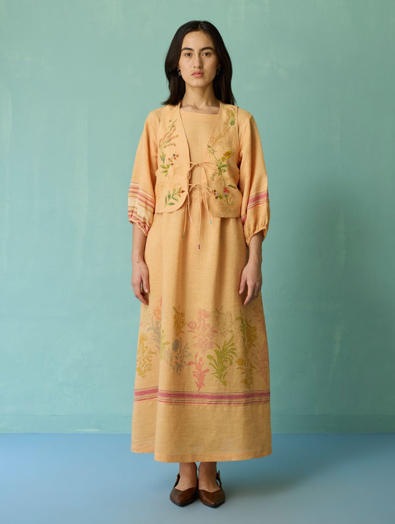 Eon Hand-Embroidered Floral Vest - Apricot linen jacket/overlay by Manan in apricot for women Worldwide