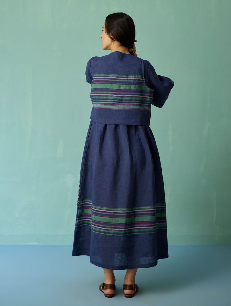 Eon Hand-Embroidered Floral Vest - Indigo linen jacket/overlay by Manan in navy for women Worldwide