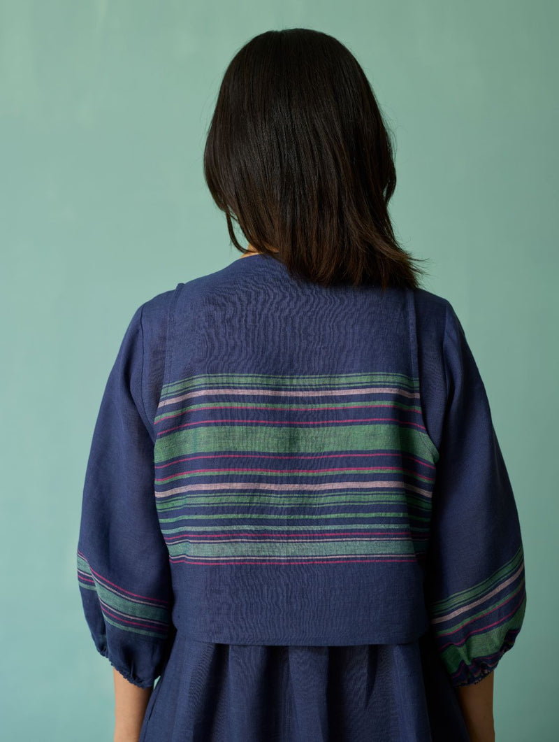 Eon Hand-Embroidered Floral Vest - Indigo linen jacket/overlay by Manan in navy for women Worldwide