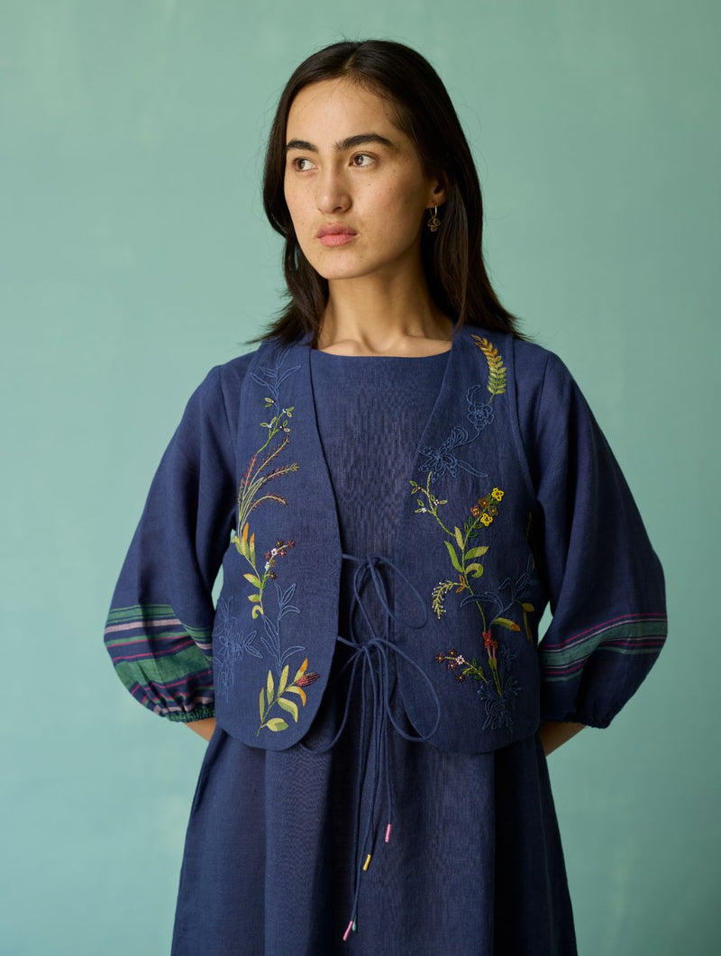 Eon Hand-Embroidered Floral Vest - Indigo linen jacket/overlay by Manan in navy for women Worldwide