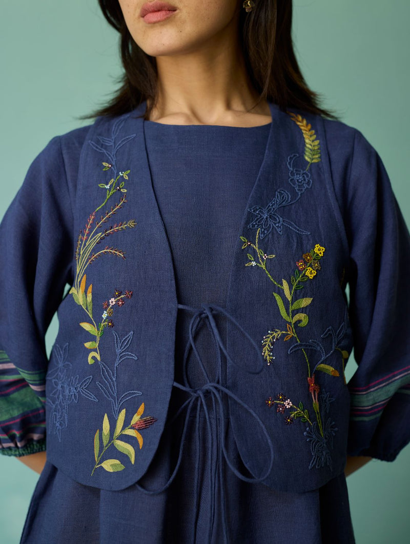 Eon Hand-Embroidered Floral Vest - Indigo linen jacket/overlay by Manan in navy for women Worldwide