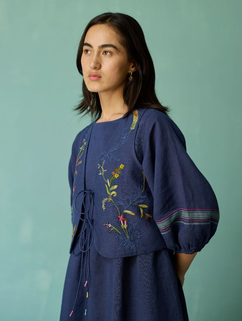 Eon Hand-Embroidered Floral Vest - Indigo linen jacket/overlay by Manan in navy for women Worldwide