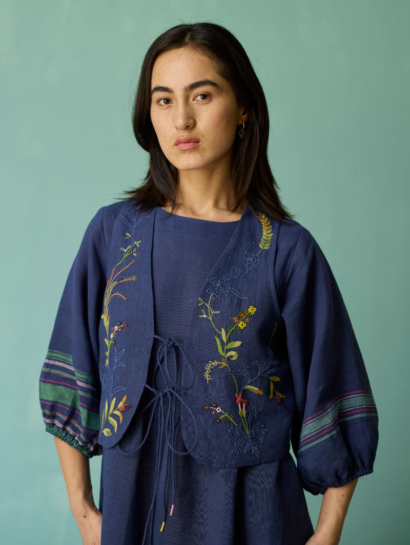 Eon Hand-Embroidered Floral Vest - Indigo linen jacket/overlay by Manan in navy for women Worldwide