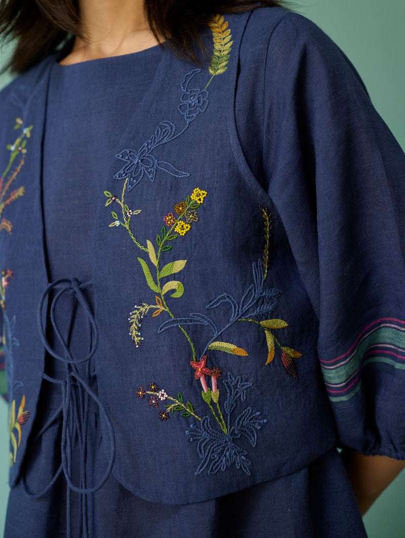 Eon Hand-Embroidered Floral Vest - Indigo linen jacket/overlay by Manan in navy for women Worldwide